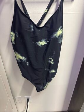 Black One-Piece Swimsuit with Yellow Tie-Dye Accents Size 1XL